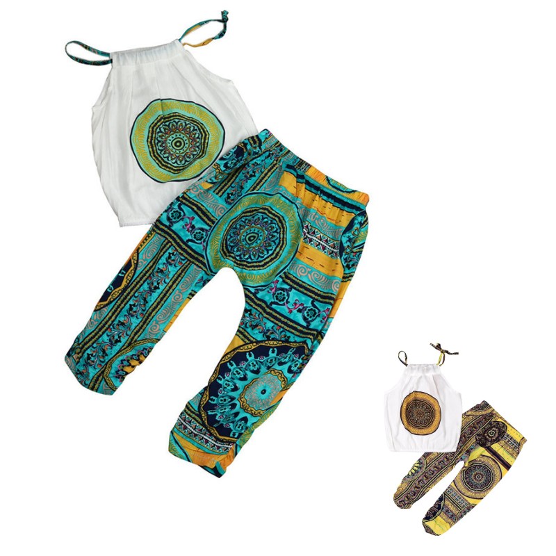 

Kids Bohemian Strap Top Pants Baby Girl Bohemian Sleeveless Vest Suit Kids Summer Bohemian Beach Clothing Set