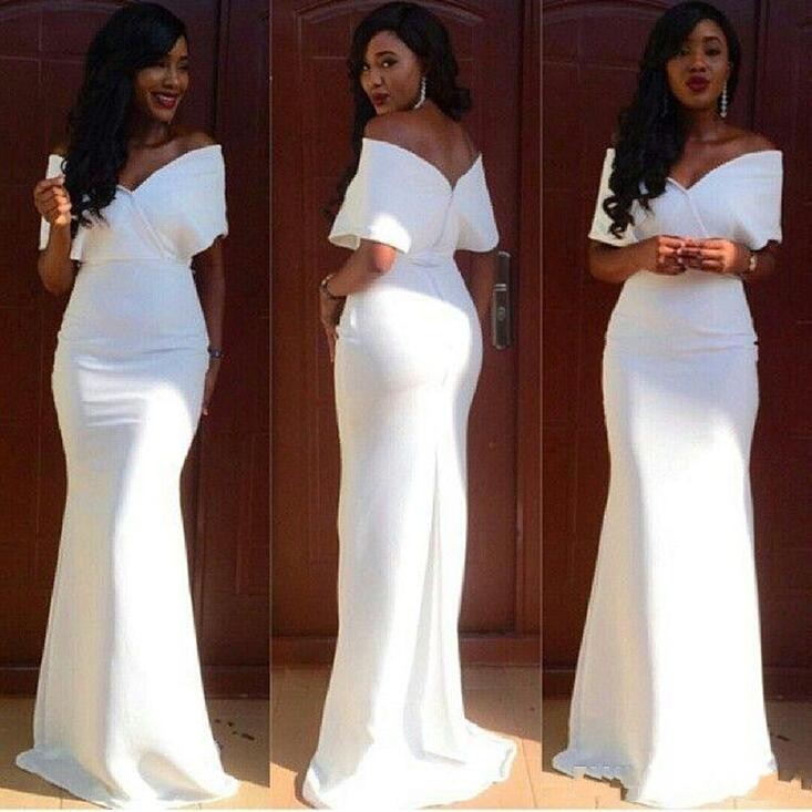 

2020 White Cheap Long Bridesmaid Dresses Off Shoulder V Neck Mermaid Maid of Honor Plus Size Bridal Dress Wedding Guest Long Party Gowns