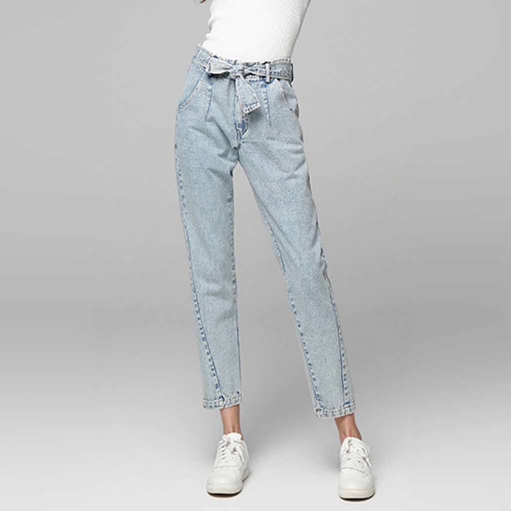 

SAGACE Autumn and winter ladies pocket washed jeans high waist stitching tie casual pants solid color here chic fashion wild, Light blue