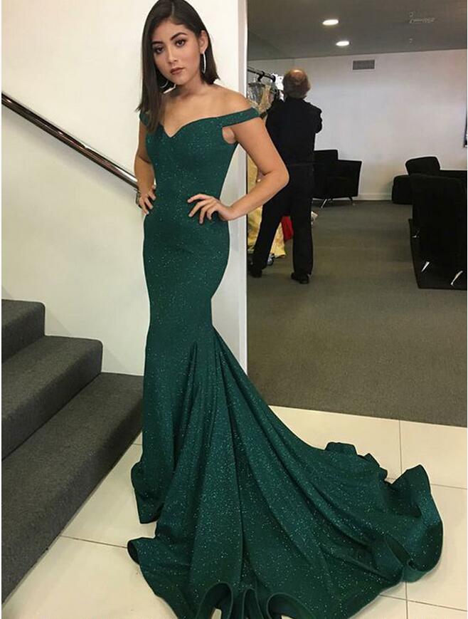 

2019 Elegant Arabic Dark Green Sequined Mermaid Evening Dresses Off The Shoulder Ruched Floor Length Evening Prom Gowns Party Dress, Black