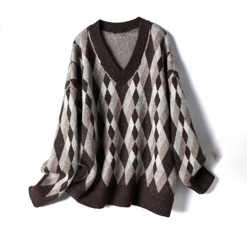 

2020 New Loose Casual Knitted Sweater Women Winter Sweater Tops V neck Retro Pullover Jumpers, Beige