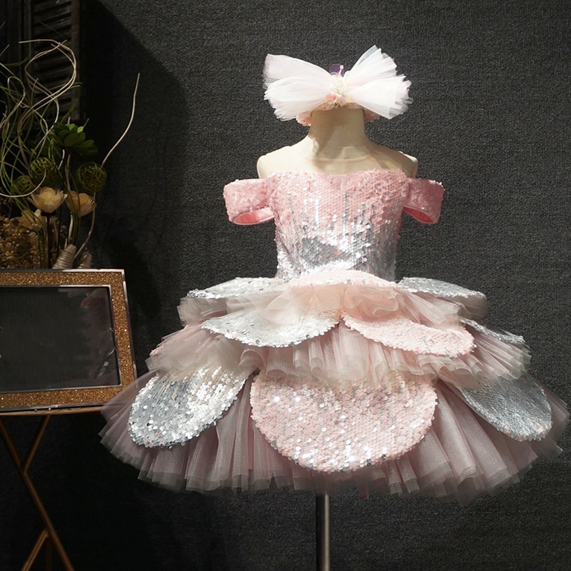 

2020 New Pink Baby Girls Dresses for Special Occasion Shiny Sequins Puffy Ball Gown Child Kids Clothes Party Gowns with Bow