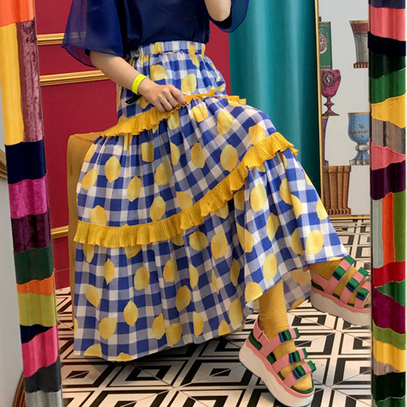 

Korean Style Midi Long Ruffle Skirt Women Spring Summer Contrast Color Lemon Print Plaid Skirts Ladies lange rokken, Black plaid