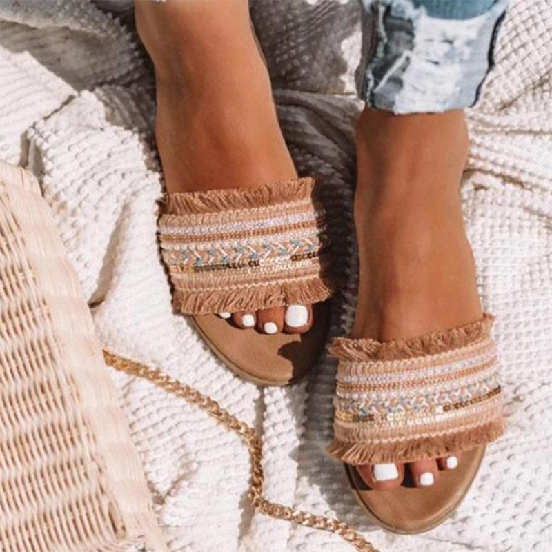 

Fashion Peep Toe Women Tassel Sandals Ladies Casual Basic Flat Sandals Tassel Woman's Striped Print Slip-On Summer Slippers D30, Beige