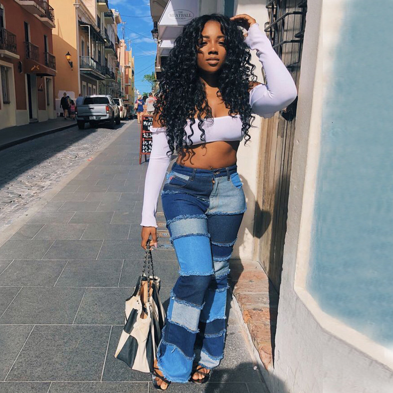 

2020 Color Block High Waist Flare Jeans With Pockets 2019 Streetwear Sexy Ladies Trousers Bell Bottoms Skinny Denim Jean Pants, Blue