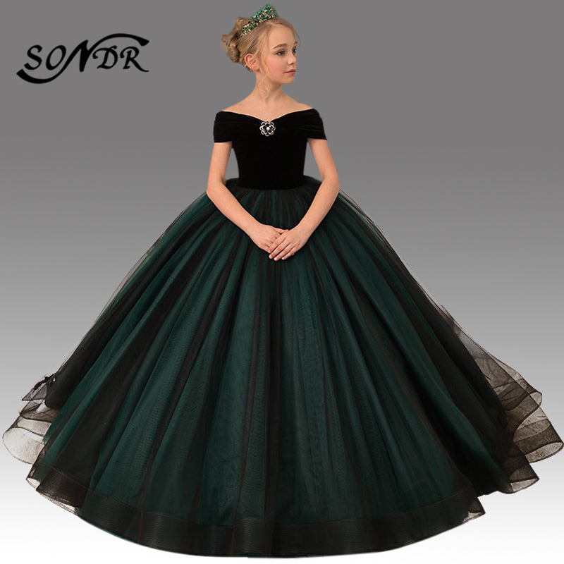 

Train Flower Girl Dress HT086 Patchwork Long Primera Comunion Decoracion Off The Shoulder Bow Princess Ball Gowns For Girls, Green