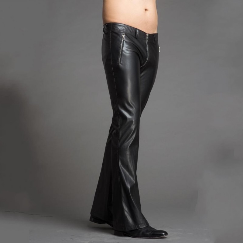 

High Quality Men Pu Leather Flare Pants Plus Size Slim Fit Punk Style Personality Zipper Bell-Bottomed Pants Stage Show Trousers, Black