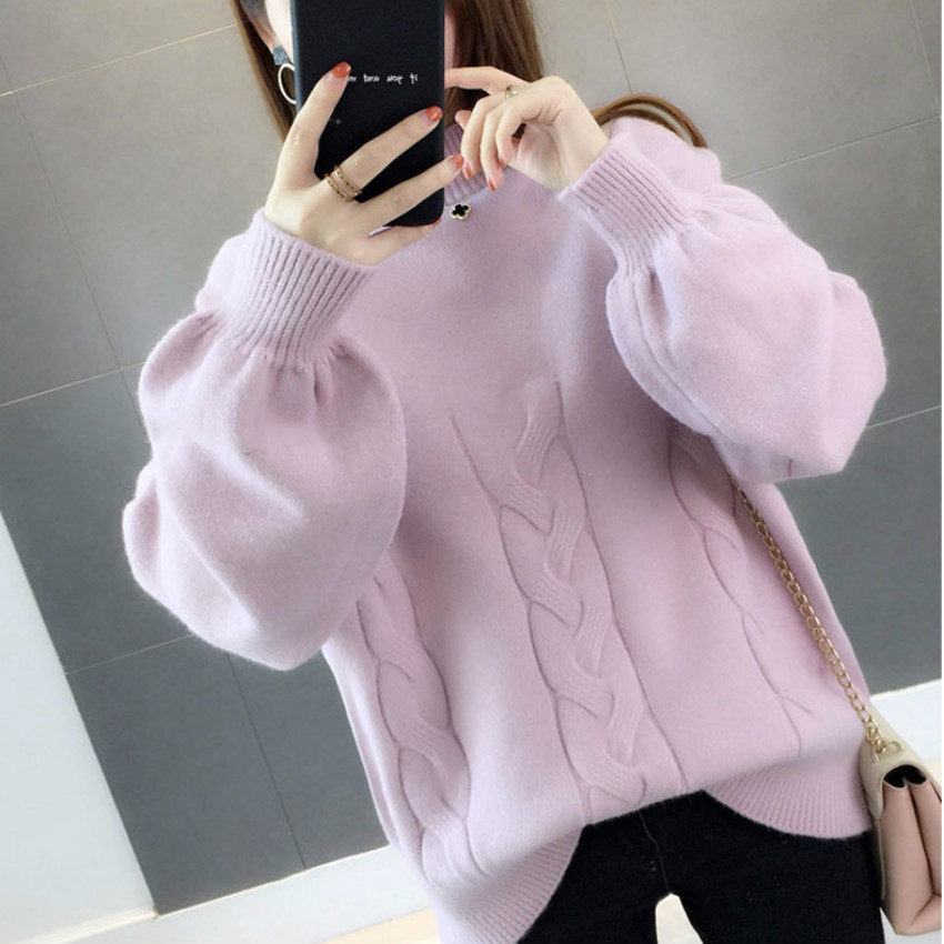 

New Arrival Thick Winter Knitted Women Sweater Pink Half Turtleneck Solid Color Loose Pullover Korea