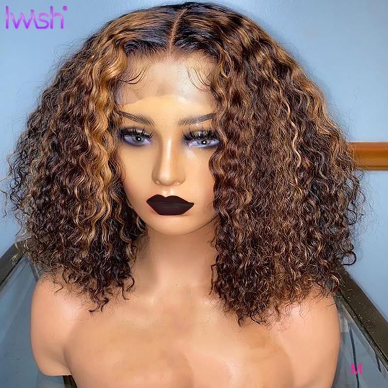

Ombre Bob Wig Curly Human Hair Wig Transparent Lace Front 13x4 Bob Lace Frontal Remy Human Hair 4/27 Colors, As pic
