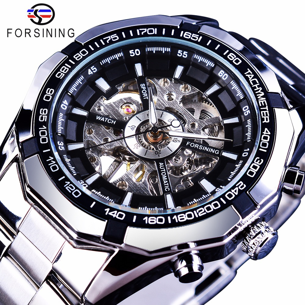 

Forsining 2017 Silver Stainless Steel Waterproof Mens Skeleton Watches Top Brand Luxury Transparent Mechanical Male Wrist Watch Y19061905, Black silver