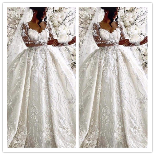 Robe de mariée Robe de mariée Sweetheart Coldine Main Fabriqué des fleurs 3D Fleurs à manches longues Puffy Plancher Longueur Robes de mariée Rob