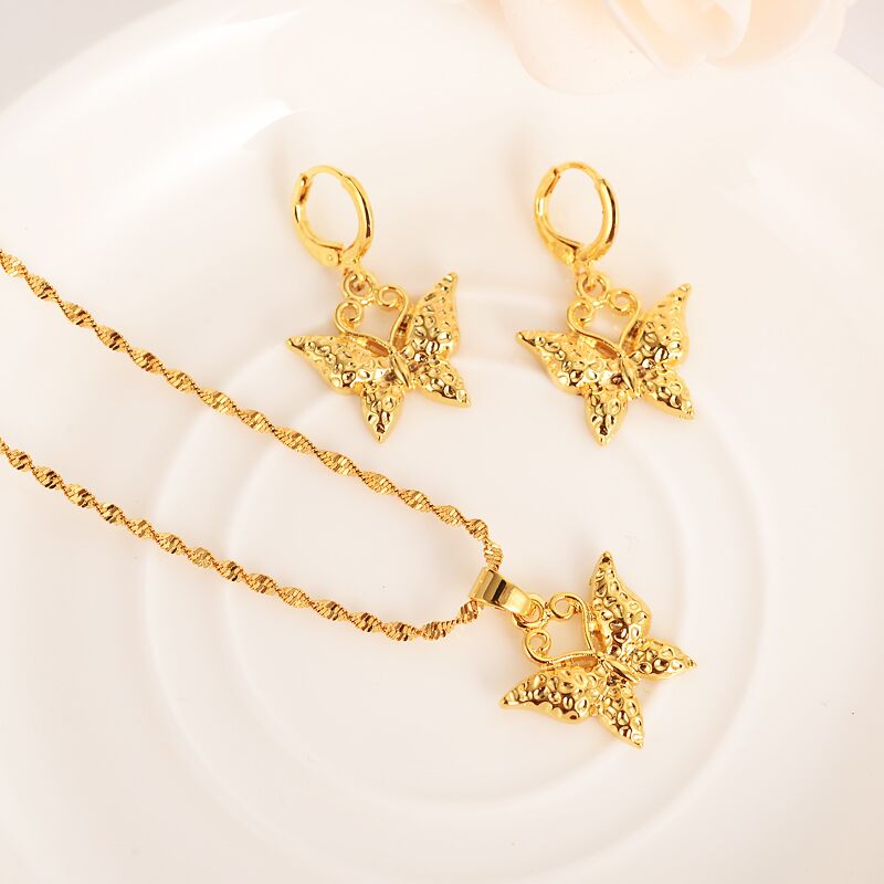 

cute butterfly Solid gold Filled Jewelry sets Wedding pendant Necklace Earrings Jewelry Sets necklace earring set, Golden