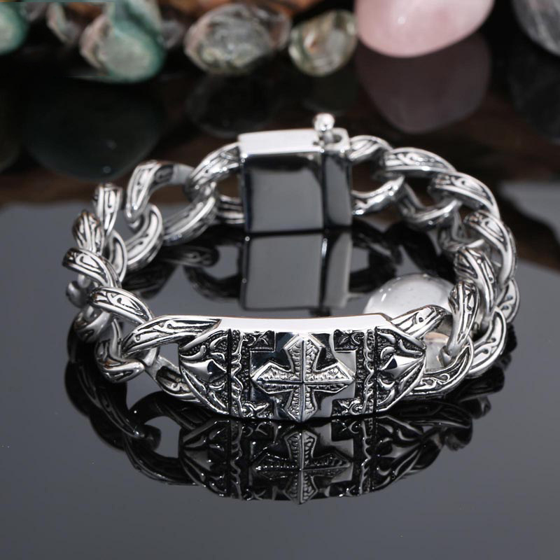 

Retro Chain Link Bracelet Men 17MM Wide Heavy Cross Stainless Steel Men's Bracelets Cool Punk Male Jewelry Wristband, Golden;silver