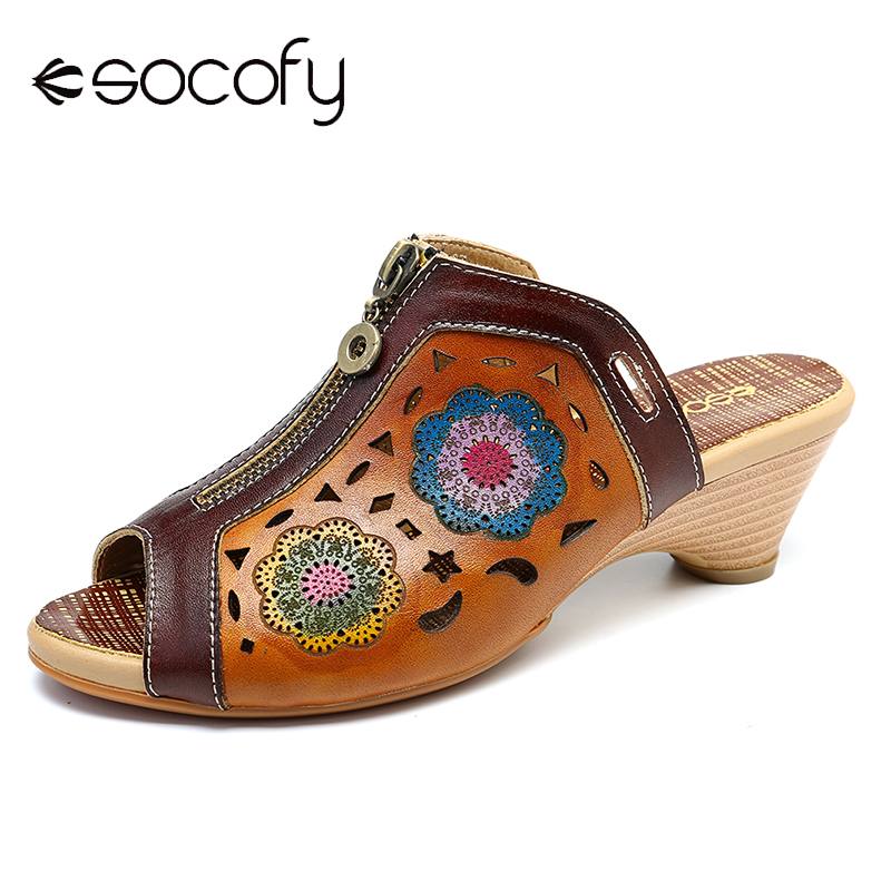 

SOCOFY Hand Painted Sandals Hollow Flowers Pattern Genuine Leather Hook Loop Sandals Shoes Women Sandalias Mujer 2020, Brown