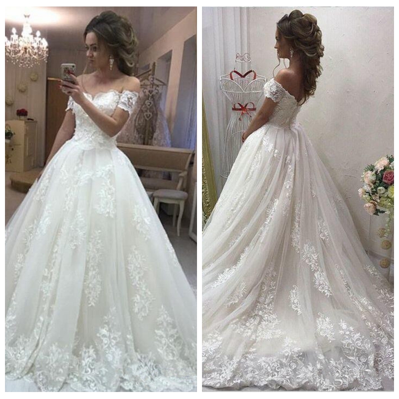 

Off Shoulder Lace Appliques A-Line Wedding Dresses 2020 Formal Long Vintage Bridal Gowns Garden Chapel Train Long Vestidos De Marriage, Champagne