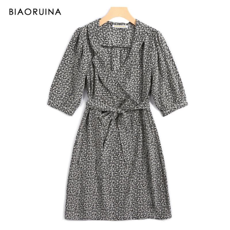 

BIAORUINA Women' Floral Printed A-line Mini Dress with Bow Sashes Female High Waist Deep V-neck Beach Style Dress Vestidos, Black