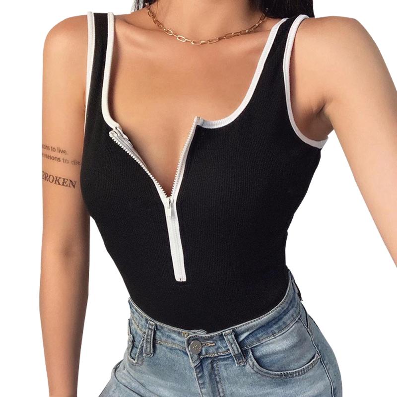 

Fashion Women Zipper Sleeveless Casual Bodysuits Women Tops Sexy Backless Body Romper Female Party Club Bodysuit, Black