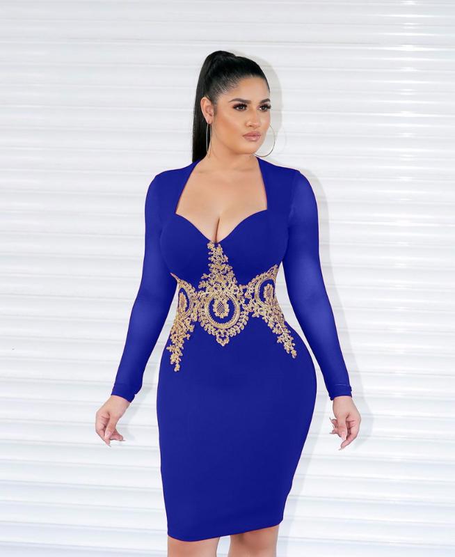 

Bodycon Party Peplum Dress Sexy Women V-neck Long Sleeve Elegant Appliques Pencil Dress Vestidos, Da22301