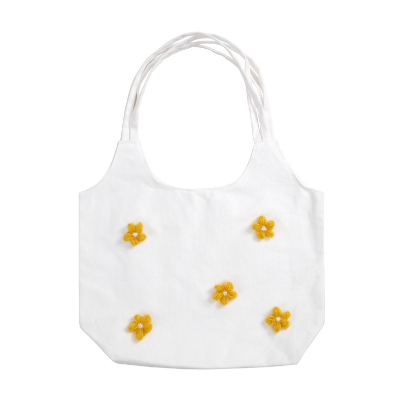 

Girls Shoulder Bags Cute Handmade Crochet Flowers New Trend Green Grey Cloth Canvas Bags Casual Books Bag Summer Travel Bag, Beige
