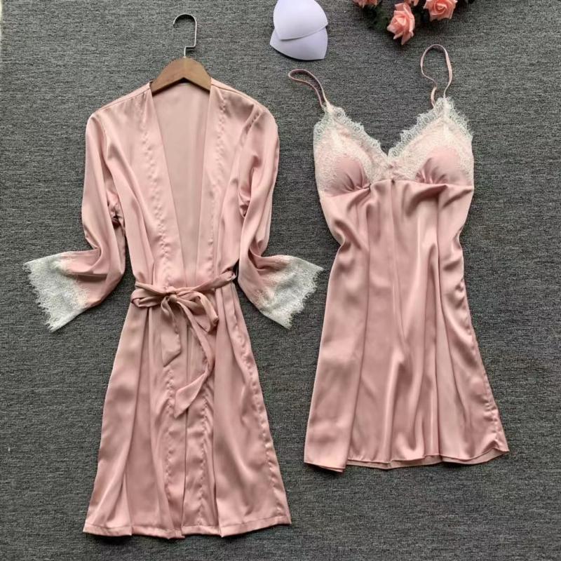 

Lisacmvpnel Spring Sexy Lace Nightdress+Cardigan Twinset Robe Set Korean Long Sleeve Pijama For Women, Black