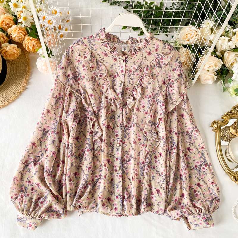 

Summer Vintage Floral Womens Tops And Korean Blouses Ladies Casual Long Sleeve Kimono Chiffon Shirts Ruffled Neck Blusas Mujer, Heidisuihua