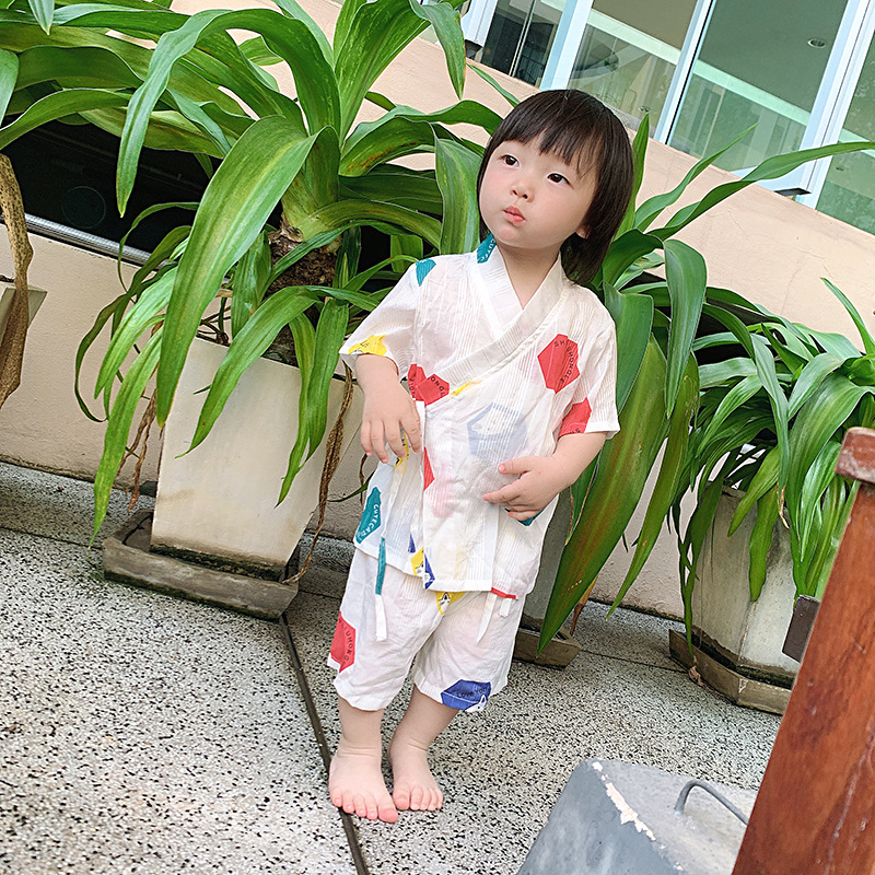

Children's pajamas summer kimono pyjamas kids baby lovely cotton and linen cartoon sleepwear boys home sweat steaming bathrobe, In color