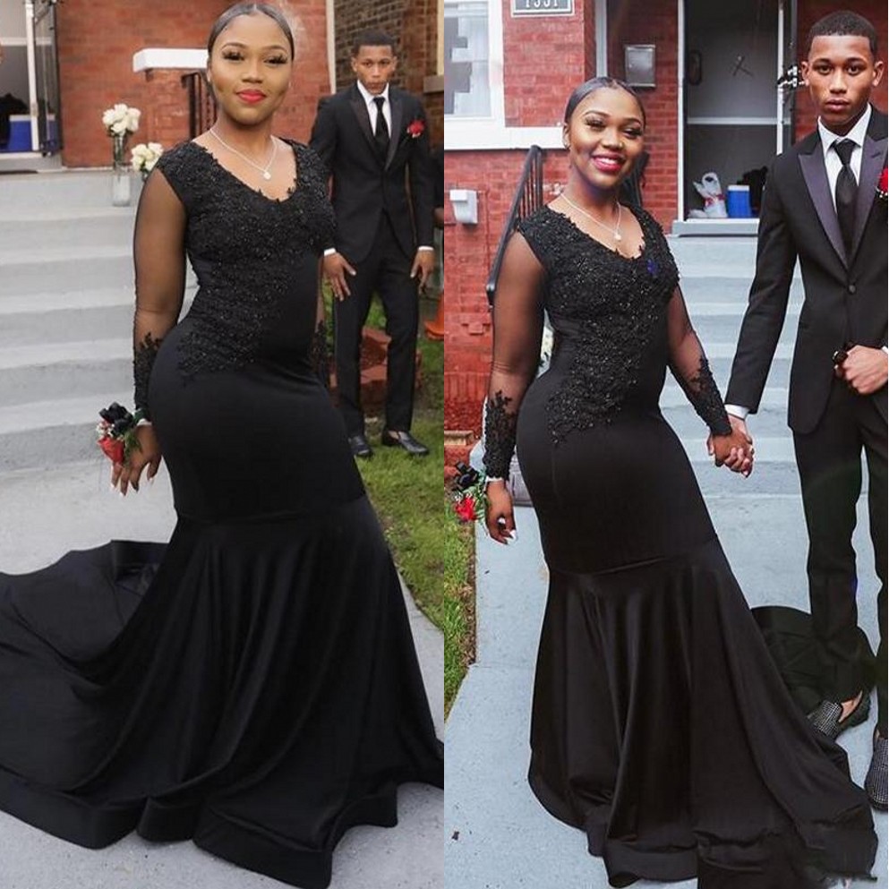 

2020 Sexy African Long Sleeves Lace Plus Size Mermaid Prom Dresses with Beaded Appliques Sweep Train Evening Party Gowns, Light sky blue