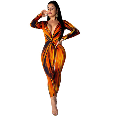 

Women V-neck Dress 2020 New Fashion Print Skirts Women New Trend Clothing Hot Selling Panelled Skirts Ladys Elegant Long Dress Casual Styles, Orange