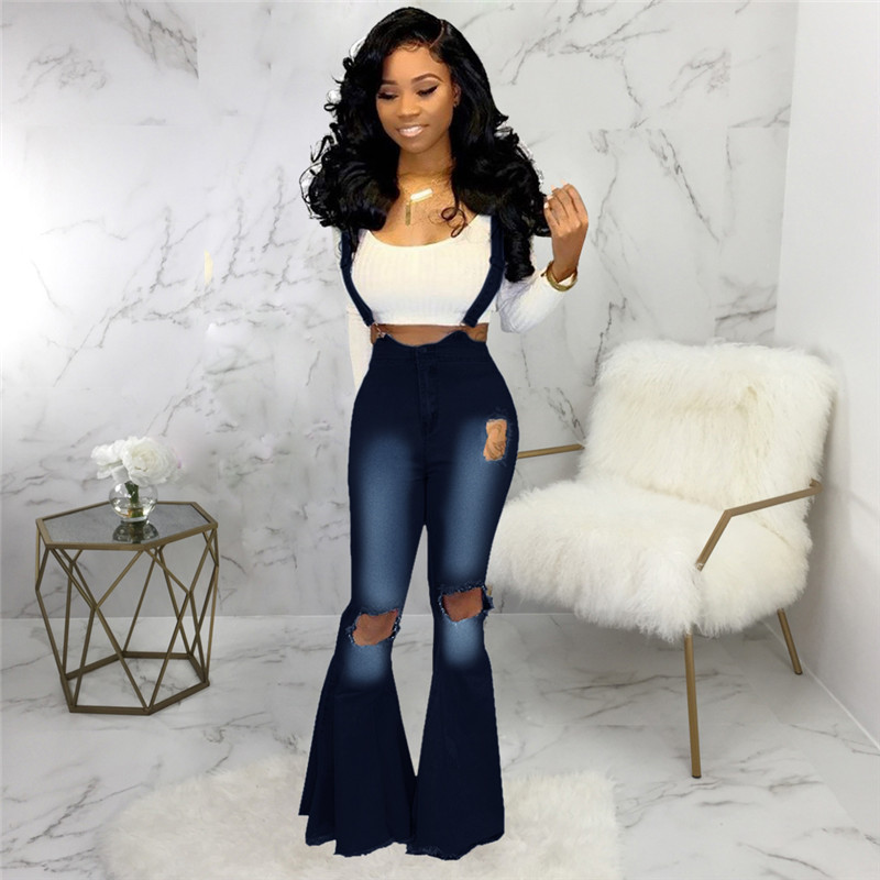 

2020 Summer Ladies New High Waist Flare Jeans Hole Wide Leg Jeans For Women Denim Skinny Womans Female Plus Size XXL Jean, Blue