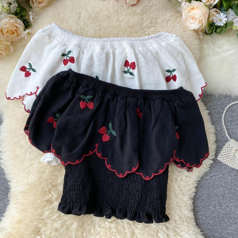 

Chic Sweet Cherry Embroidered Ruffled Short Crop Tops 2020 New Female Summer Fashion Slash Neck Blouse Shirts L963, Black
