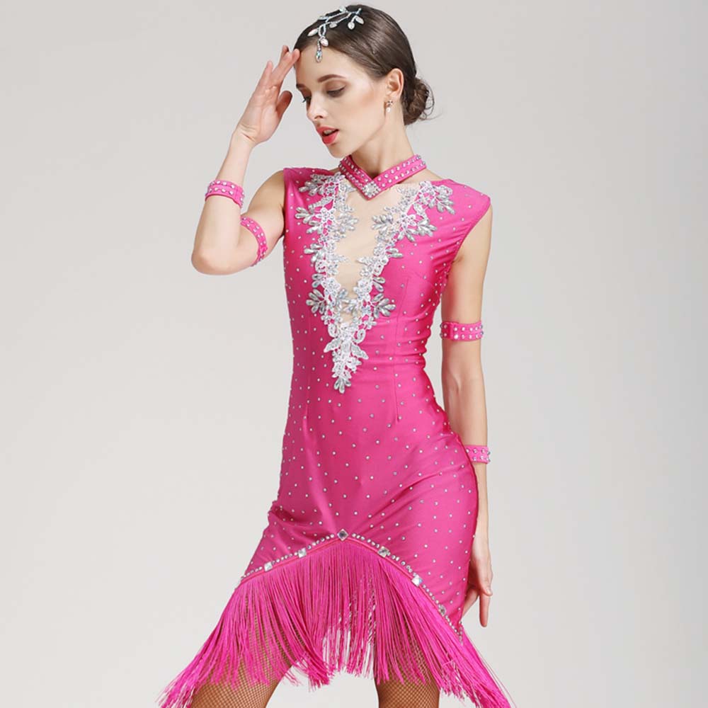 

CACARE Latin Dance Dress Women Latin Dance Competition Dresses Fringed Salsa 5 Choices D0578 Rhinestones Irregular Hem, Red