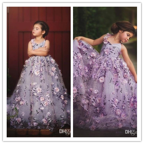 Lavande dentelle Little Girls Pageant Robes 3D Floral robe de bal enfant en bas âge Appliques robe de demoiselle étage longueur Tulle Première Co