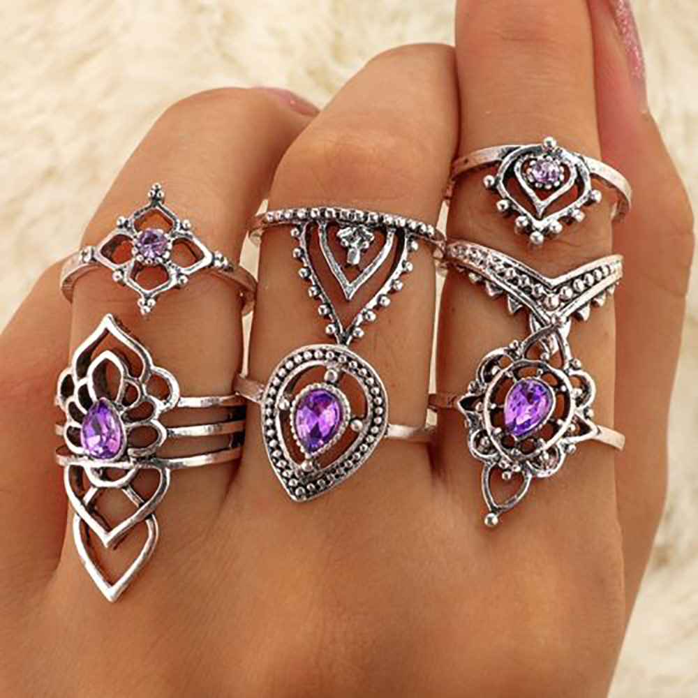 Purple Crystal Diamond Gem Carved Ring Set Jewelry Flower Stacking Midi Ring