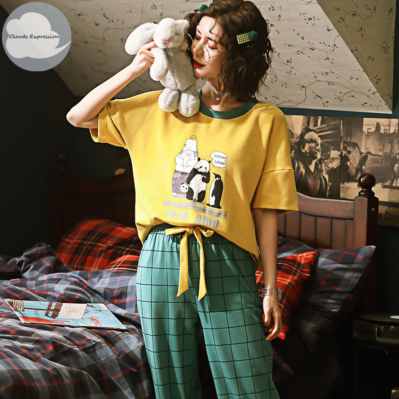 

Summer Knitted Cotton Women' Pajama Set Nightgowns Suits Pants Women' Cartoon Pajama Sets Mujer Sleepwear Lounge Home Clothing, 22601