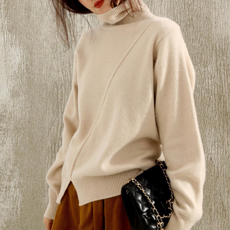 

New wool sweater, high collar, lazy winter wind, long sleeve knitted wool shirt for loose women, Beige