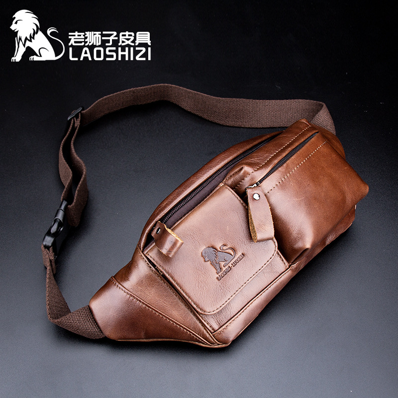 

Fashion male waist bag men's Genuine leather retro chest bag men's casual cash register waist can hold 6.0 mobile phone, Brown