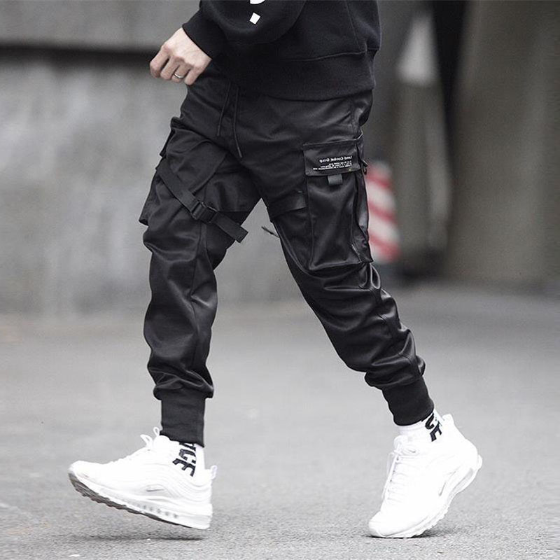 

Men Hip Hop Long Pant Multi Pocket Fashionable and Casual Trousers Fashion Feet Leisure Trouser Hip Hop Cargo Harajuku Pants, Black 2