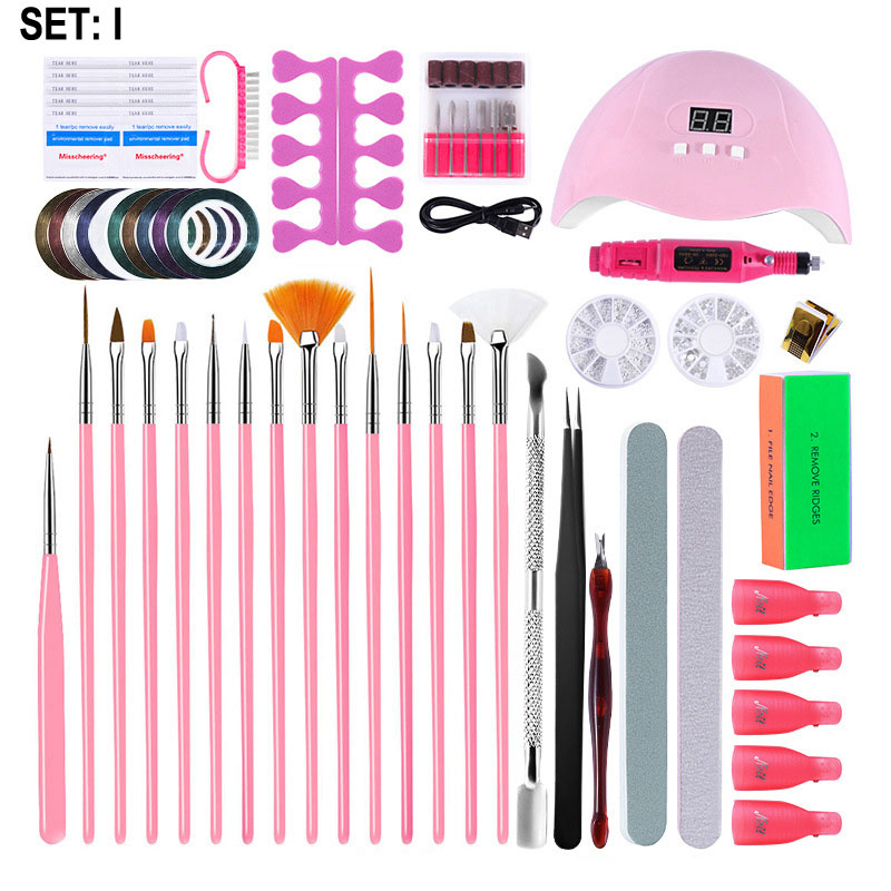 

15pcs Nail Brush Set Dotting Drawing Pen Paint Brushes LED Lamp Drill Machine Files Clipper 4way Block Cuticle pusher Glitter for Manicure