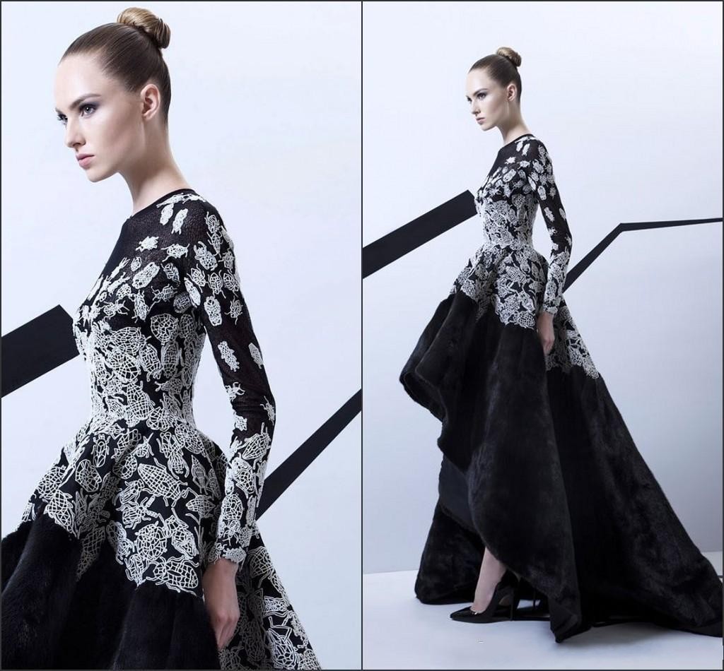 

Amazing Rami Kadi Velvet Evening Dresses Long Sleeve Lace Embroidery High Low Prom Dress Special Occasion Party Gowns, Gray