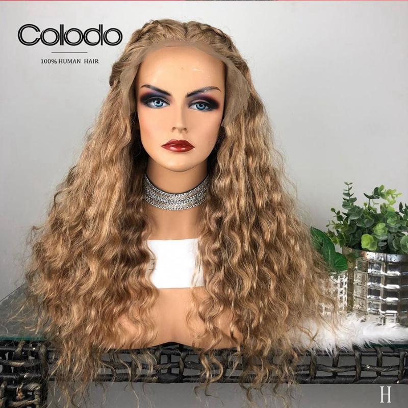 

Colodo 180% Density Curly Lace Front Wig Glueless Brazilian 360 Lace Frontal Wig 26" Remy Human Hair Blonde With Baby Hair, Honey blonde