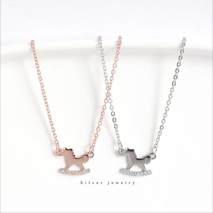 

Cute Animal S925 Sterling Silver Small Horse Pendant Necklace Zircon Clavicular Chain Necklace for Girls Christmas Gift