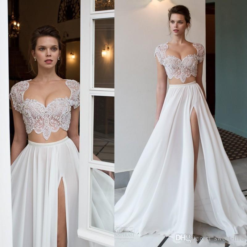 2020 Riki Dalal Two Pieces Beach A Line Wedding Dresses Beaded High Side Split Lace Applique Short Sleeves Chiffon Bridal Gowns