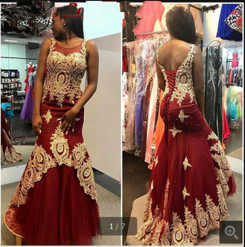 

2019 Vestido De Novia mermaid burgundy gold lace prom dress beading sequins sleeveless sheer back sexy evening party prom gowns hot sale, Ivory