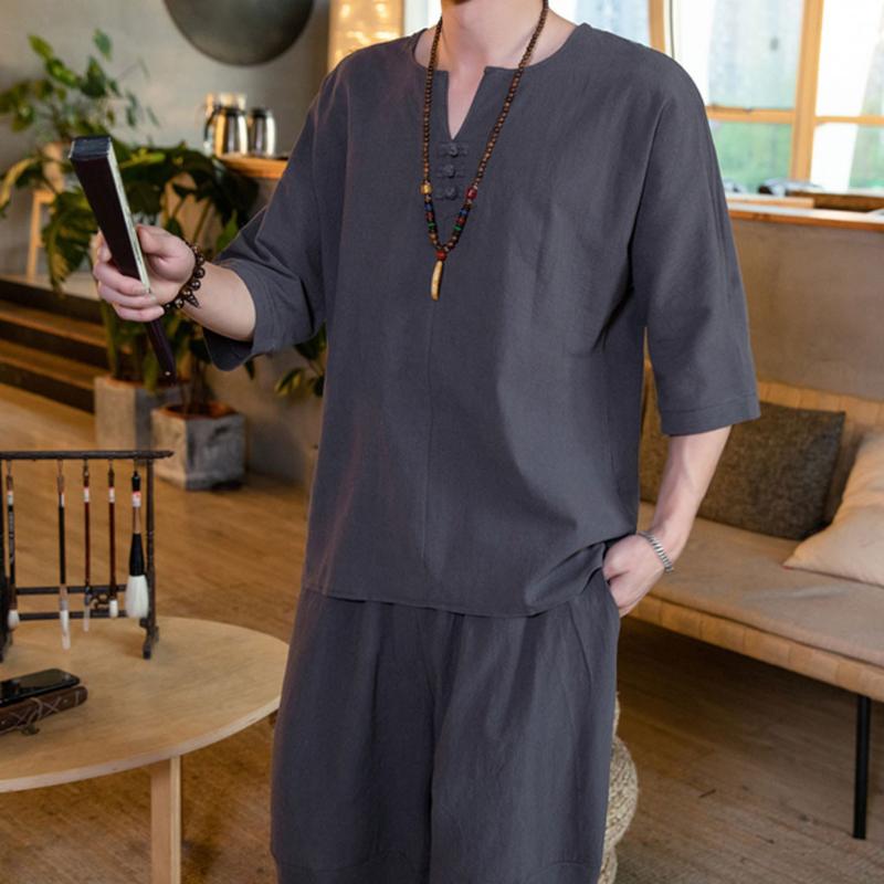 KLV Men's Sets Chinese Style Summer Loose Tracksuit Mens 2020 New Casual Short Sleeve Suit Male 2 Piece Sets Clothing Hot Sale