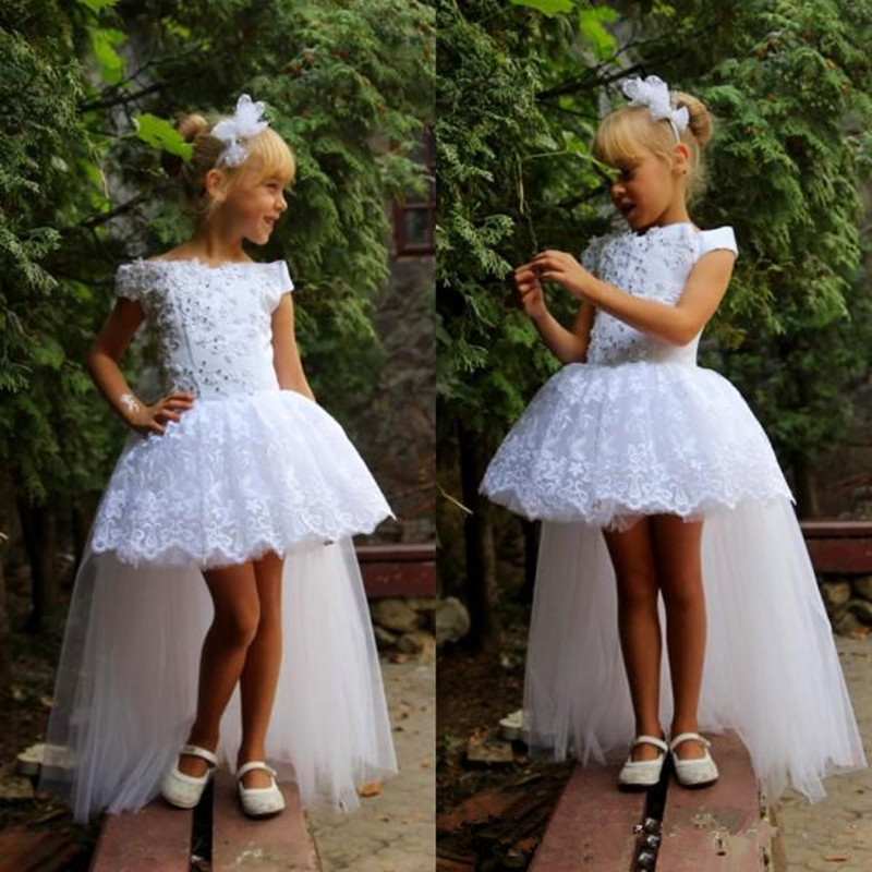 

Flower Girl Dresses Wedding Girls Pageant Gowns Tutu Skirt with Tulle Train High Low Beaded Lace Appliques Kids Party Gowns, All white