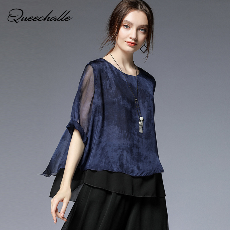 

Queechalle 2020 Summer Chiffon Blouse Women Black Blue Retro Print Loose A-line Blouses Female Plus Size Blouse Shirt Casual Top