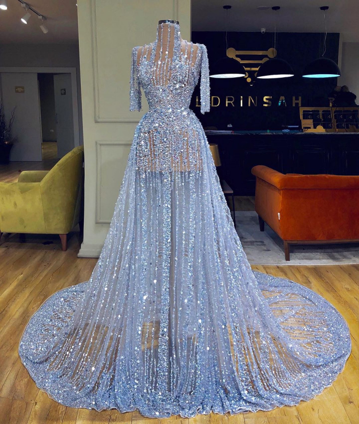 

Luxury Lilac Sequined A-line Prom Dress Vintage Sparkly High Neck Long Sleeves Evening Gown See Through Long Formal Party Pageant Dress, Champagne