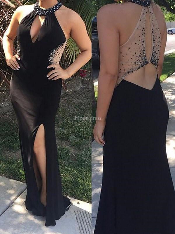 

Stylish Mermaid Evening Dresses Jewel Neck Crystals Illusion High Side Split Sweep Train Formal Party Prom Gowns Gorgeous Vestidos De Fiesta, Black