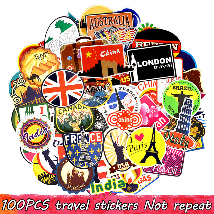 

100 PCS Travel Stickers Decals for Home Party Decor DIY Laptop Luggage Water Bottle Postcard Skateboard Bike Car Fridge Wall Gifts Toys