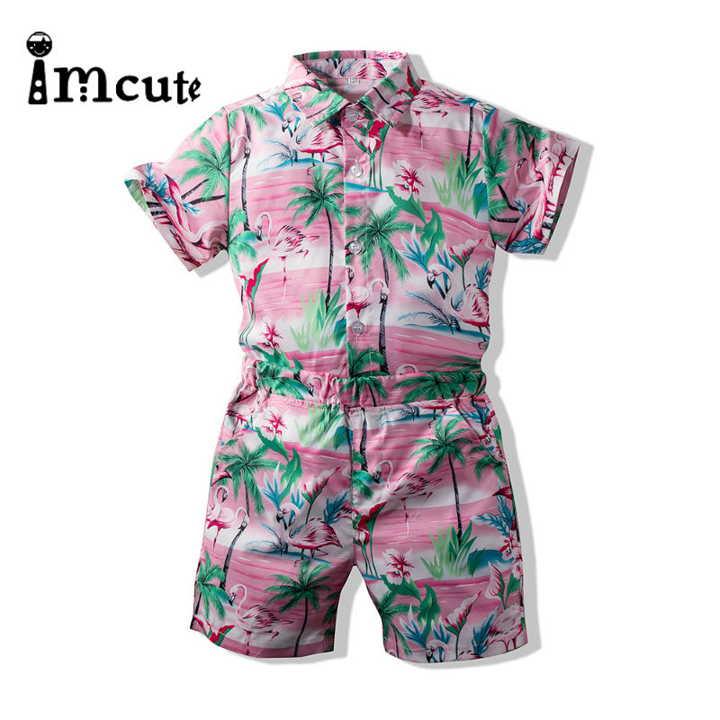 

Imcute 2020 Kids Boys Summer 2-piece Outfit Set Short Sleeve Coconut Tree Print Shirt and Shorts Set Beachwear, As pic